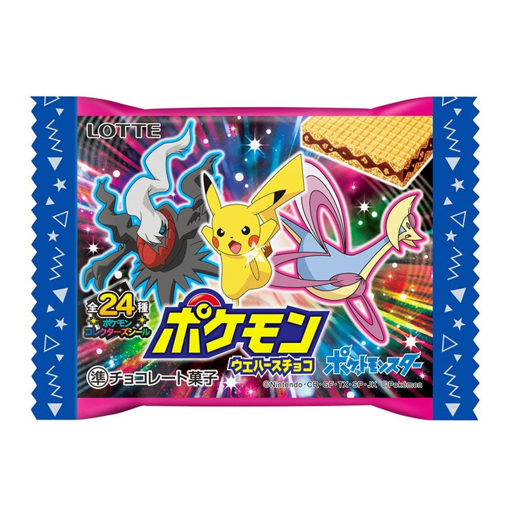 Front of Lotte Pokémon Chocolate Wafers package featuring vibrant Pokémon characters and chocolate wafers (23g pack)