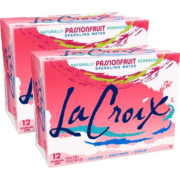 Front of La Croix Passionfruit case showing logo, vibrant pink design, and details of 24 sparkling cans (355ml each)