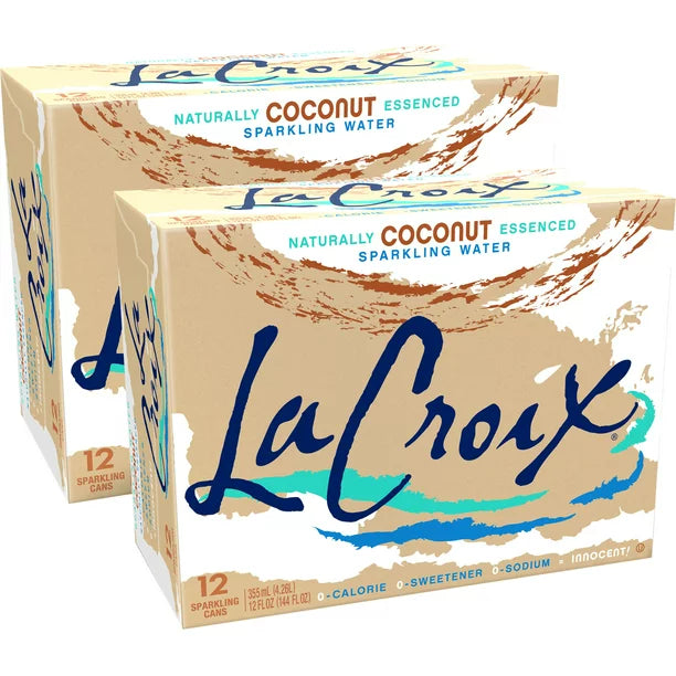 Front of La Croix Coconut sparkling water case showing logo, coconut flavour text, and 24 cans of 355ml sparkling water in a carton.