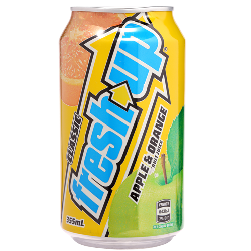 Front of Fresh Up Apple And Orange can featuring bright yellow design, apple and orange imagery, and product name (355ml)
