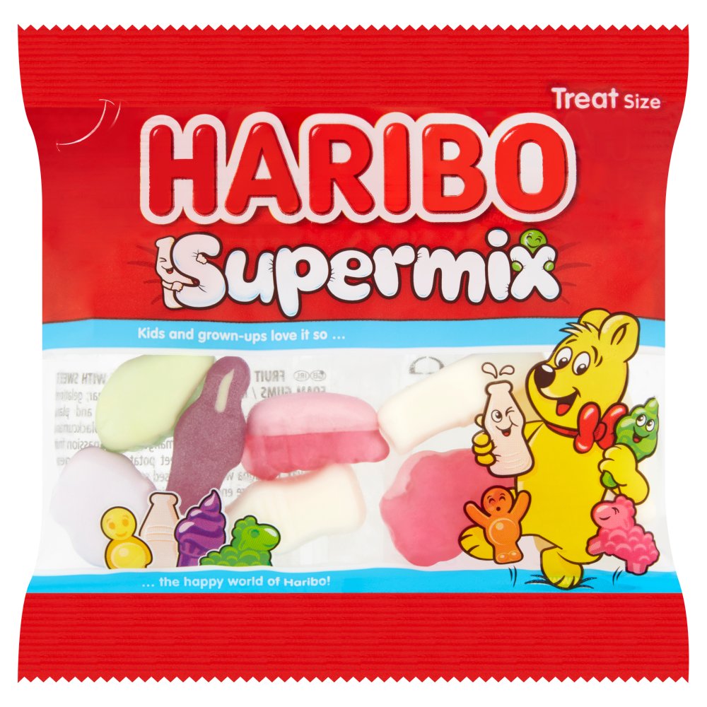 Front of Haribo Supermix Minis Treat Bag showing the logo, assorted chewy sweets, and pack size (16g)
