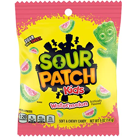 Front of Sour Patch Kids Watermelon bag with colourful logo, watermelon candy pieces, and 141g pack size.