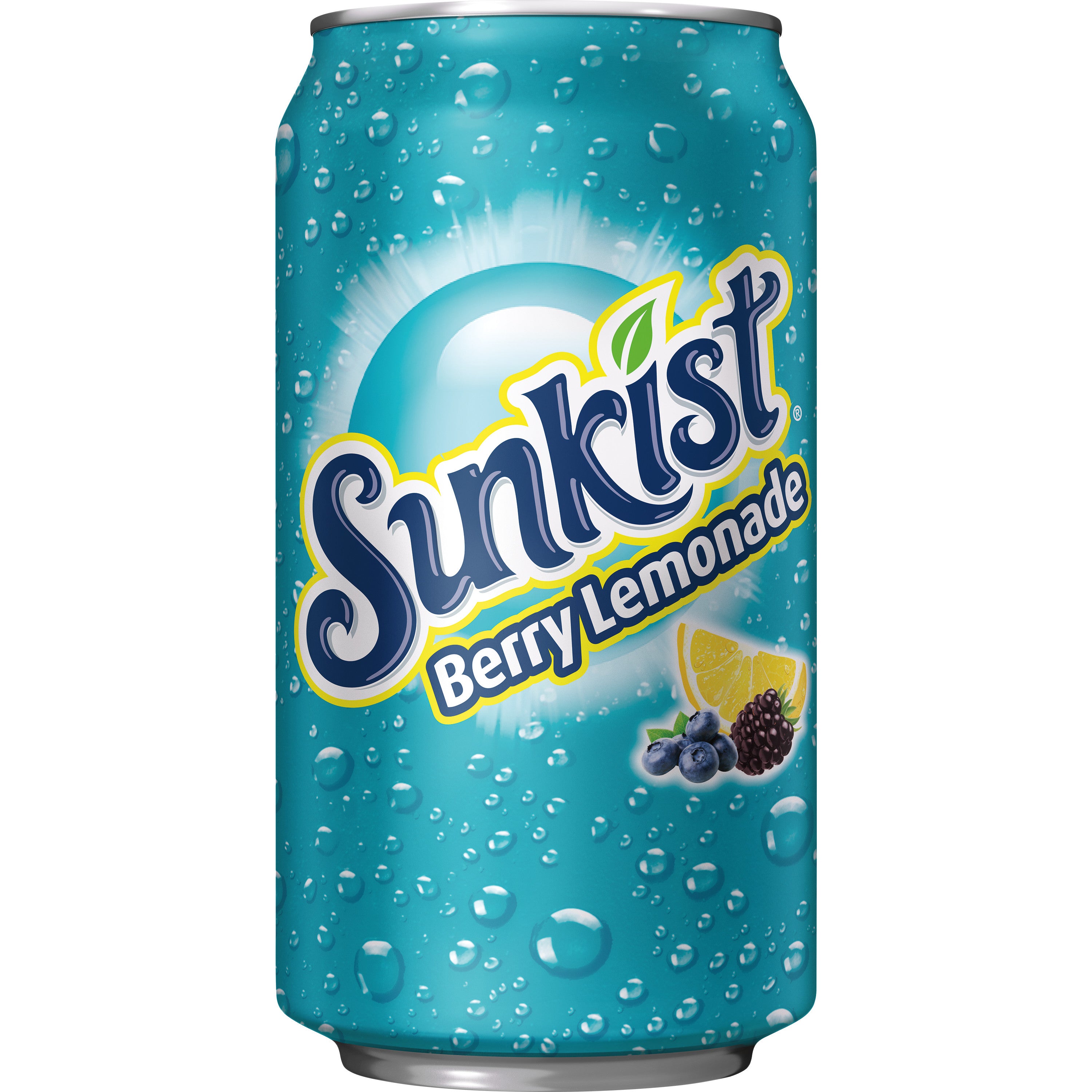 Front of Sunkist Berry Lemonade can featuring blue logo, berry lemonade flavour, and images of blueberries and lemon slices (355ml can)