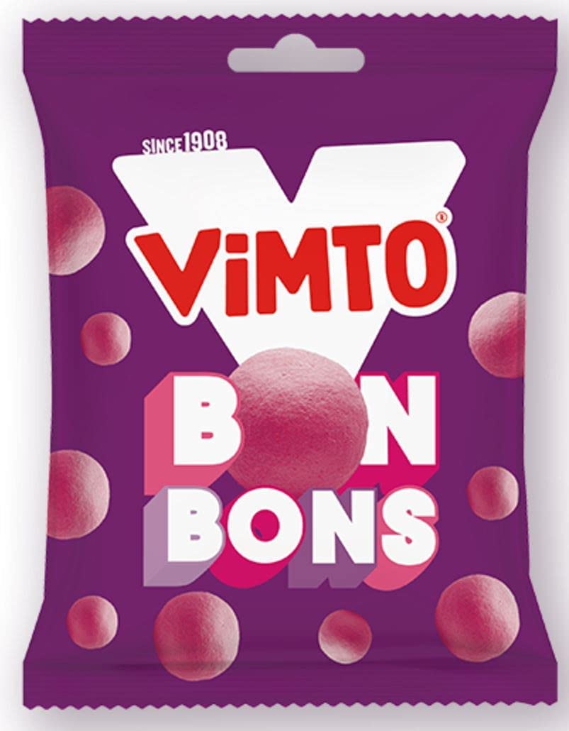 Front of Vimto Bon Bons Share Bag (120g) showing vibrant purple packaging with the Vimto logo and colourful bonbon candies.