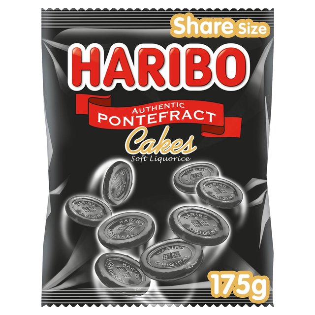 Front of Haribo Pontefract Cakes Share Bag showing the logo, product name, and image of soft liquorice cakes (160g pack)