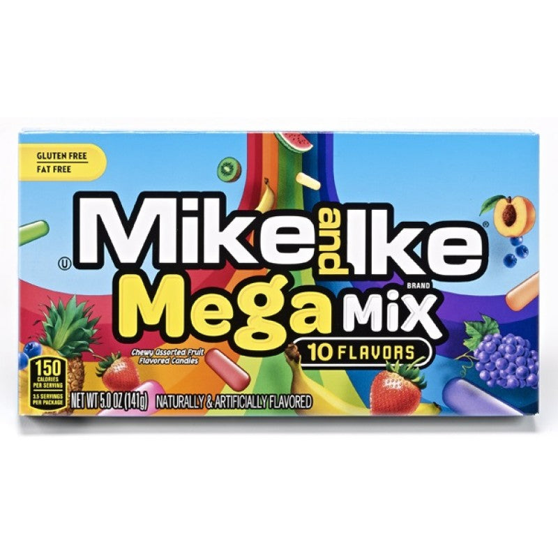 Front of Mike & Ike Mega Mix Theatre Box showing the vibrant logo, assorted fruit-flavoured candies, and pack size (120g)