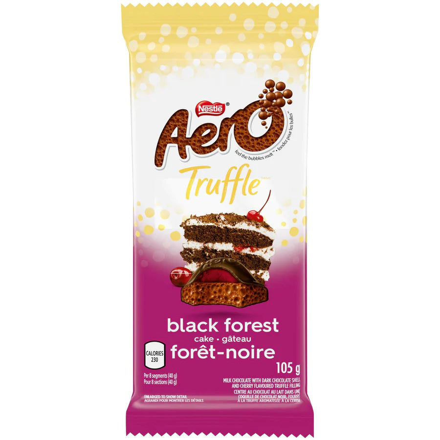 Front of Aero Truffle Black Forest package showing the Aero logo, black forest cake imagery, and 105g quantity.