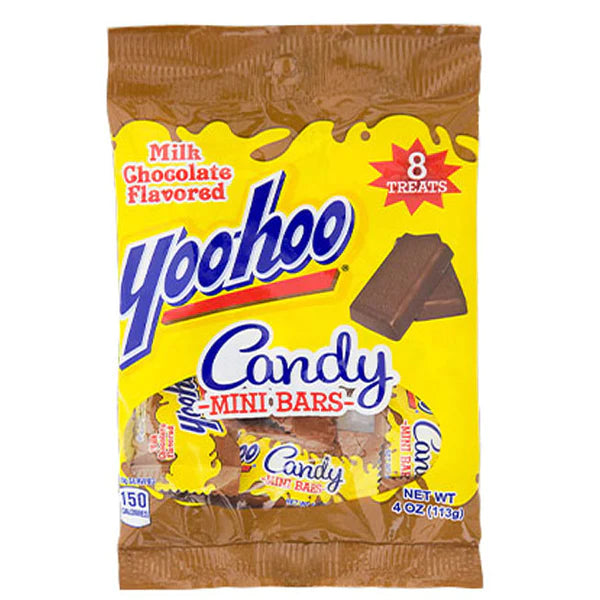 Front of Yoo-Hoo Mini Chocolate Bars package showing vibrant yellow design, chocolate flavour text, and details for 113g pack