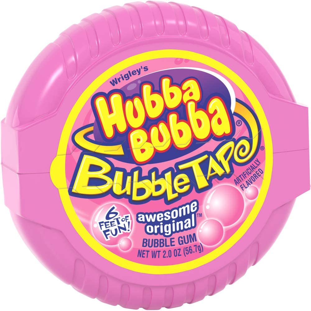 Front of Hubba Bubba Original Flavour Bubble Tape packaging showing the playful logo, bubble gum tape format, and bright pink colour (57g pack)