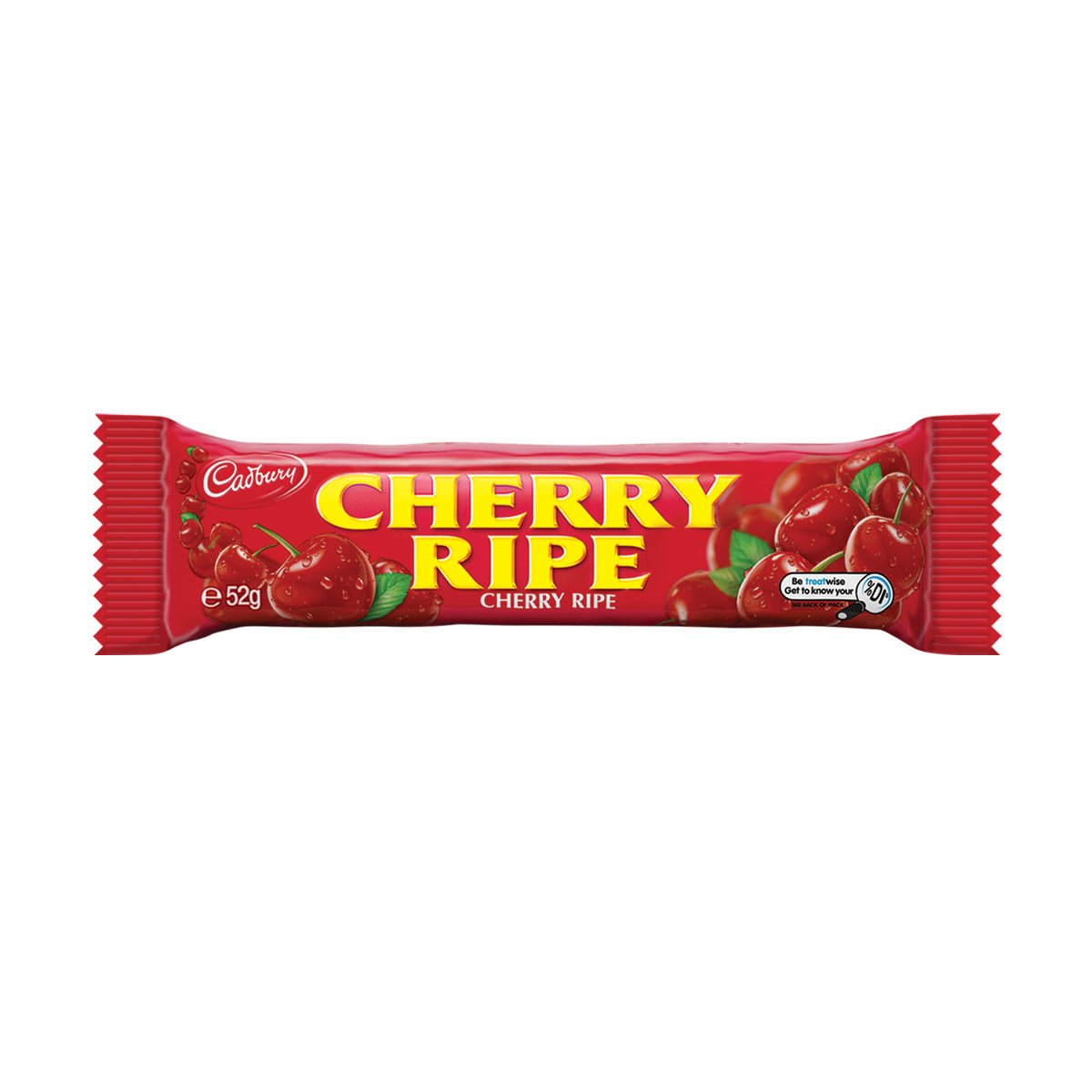 Front of Cadbury Cherry Ripe bar showing the vibrant red packaging with bold letters and images of cherries (44g)