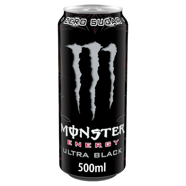 Front of Monster Ultra Black can featuring the logo, black design, and details with 500ml pack size