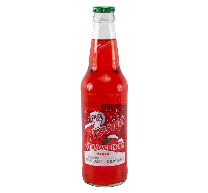 Front of Frostie Strawberry Soda bottle featuring a red label with the brand name, strawberry flavour, and 355ml volume