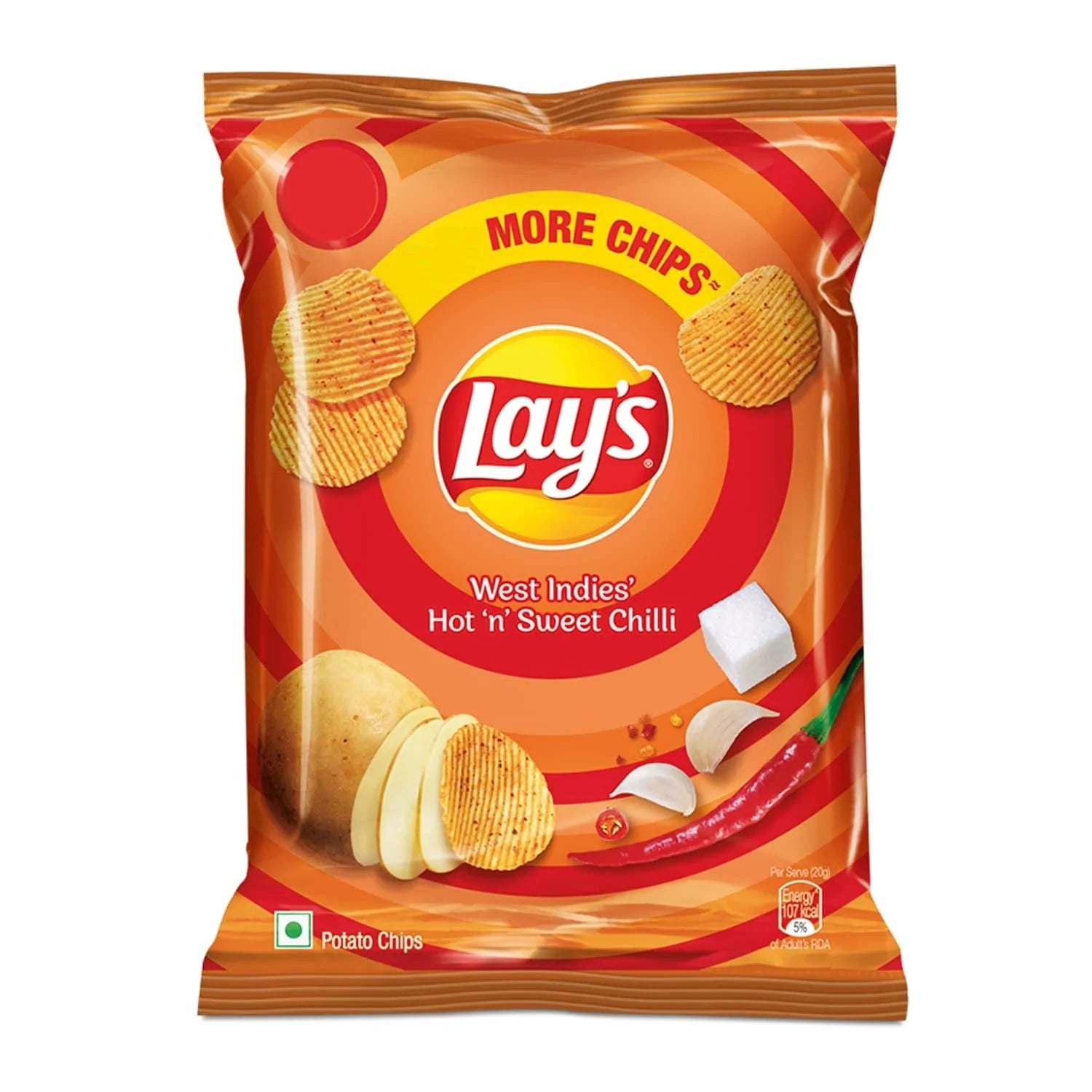 Front of Lay's West Indies Sweet Chilli 50g bag showing the logo, vibrant packaging, and image of potato chips with sweet chilli elements