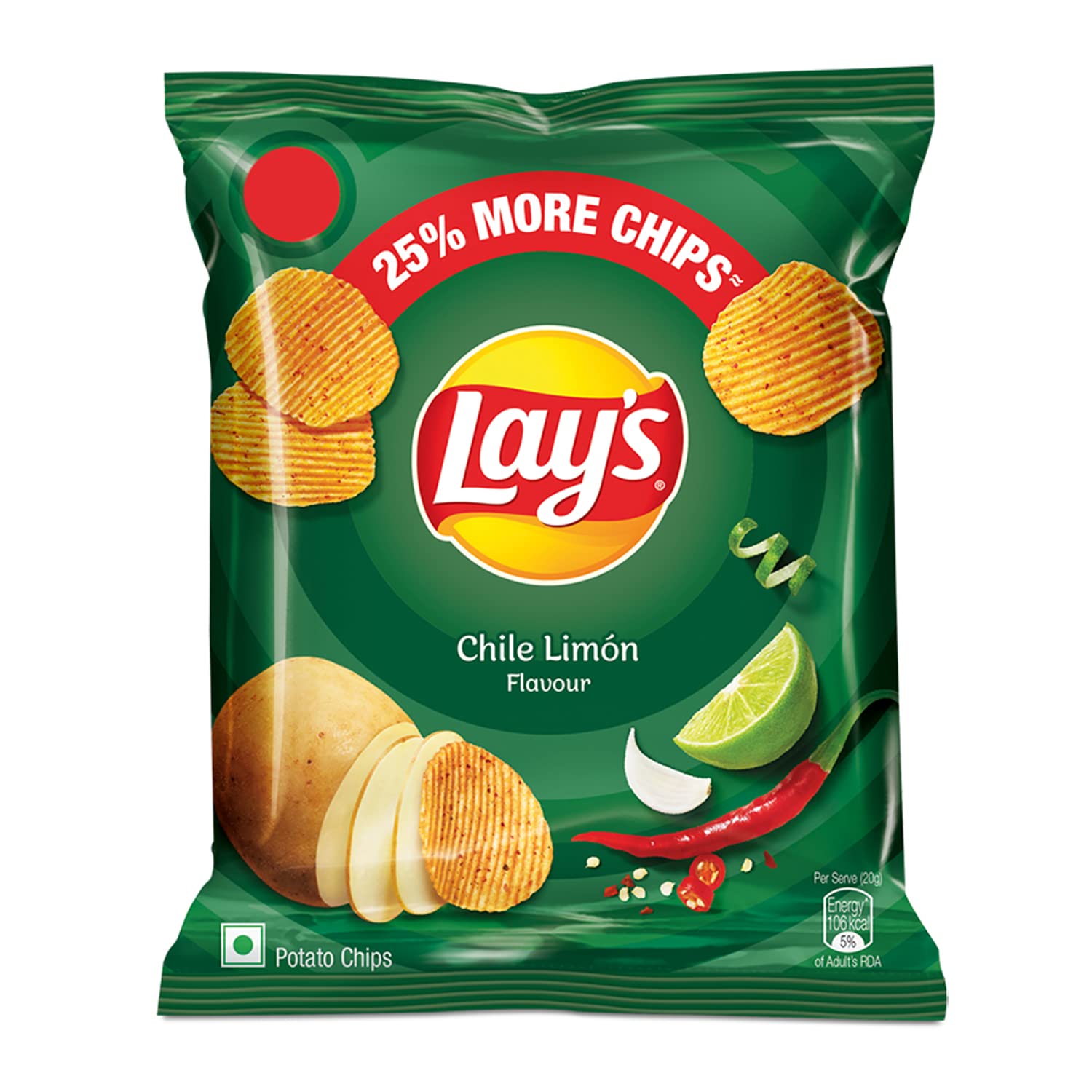 Front of Lay's Chile Limon bag showing the brand logo, lime and chili flavour details, and crispy potato chips (50g pack)