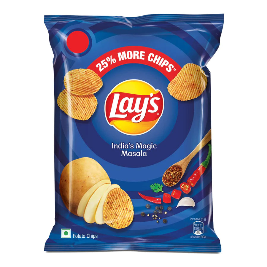 Front of Lay's India's Magic Masala 50g bag featuring the logo, vibrant masala design, and images of potato chips and spices.
