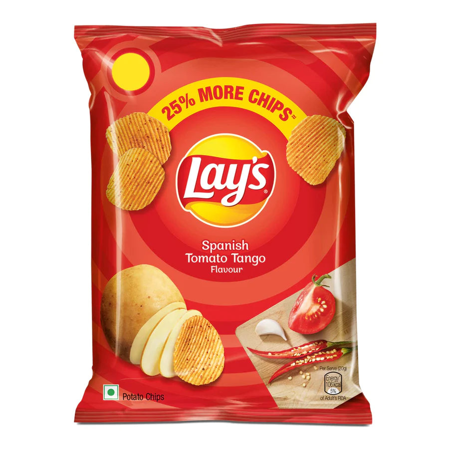 Front of Lay's Spanish Tomato Tango bag showing red packaging, logo, and image of potato chips with tomatoes (50g pack)