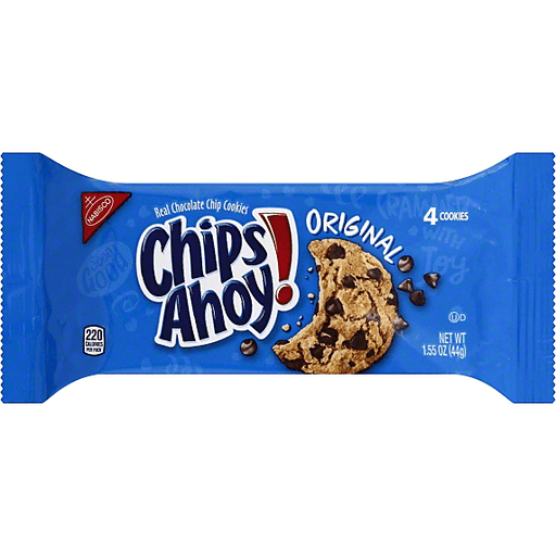 Front of Chips Ahoy Cookies pack showing blue logo, original flavour, and a cookie image (44g pack)