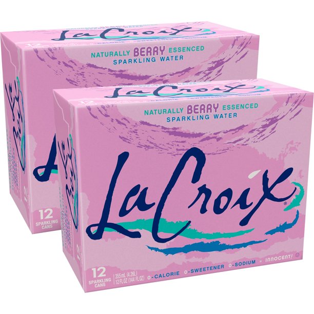 Front of La Croix Berry sparkling water case showing the pink packaging, brand logo, and information for 24 cans of 355ml sparkling water