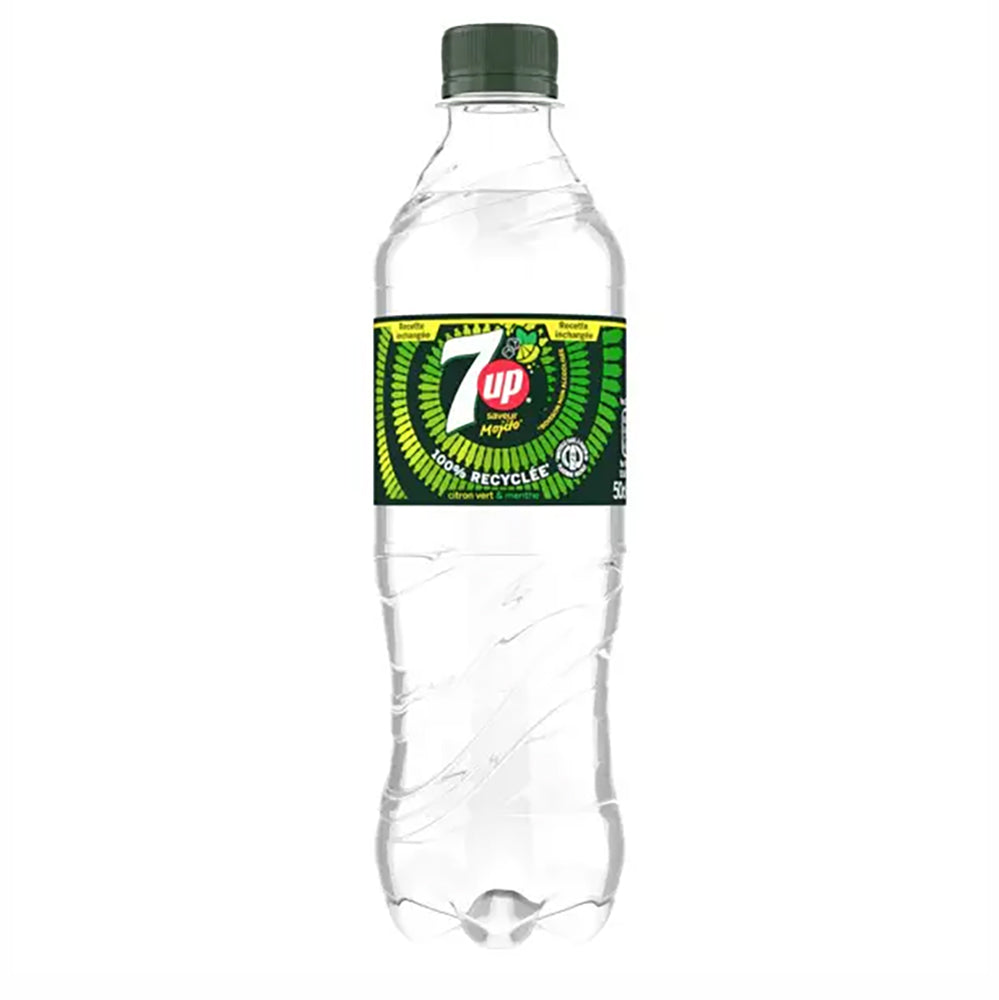 Front of a 7UP Mojito bottle featuring the logo and vibrant mojito flavour design (500ml pack)