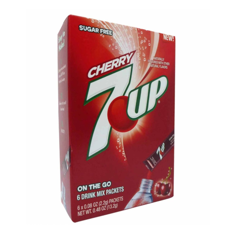 Front of 7up Cherry Singles To Go box showing the logo, cherry flavour label, and pack size (6 drink mix packets, 13.2g total)