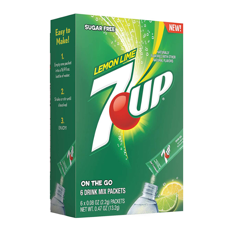 Front of 7up Lemon Lime Singles To Go box showing sugar-free label, lemon lime flavour, and pack size of 6 drink mix packets (13.2g)