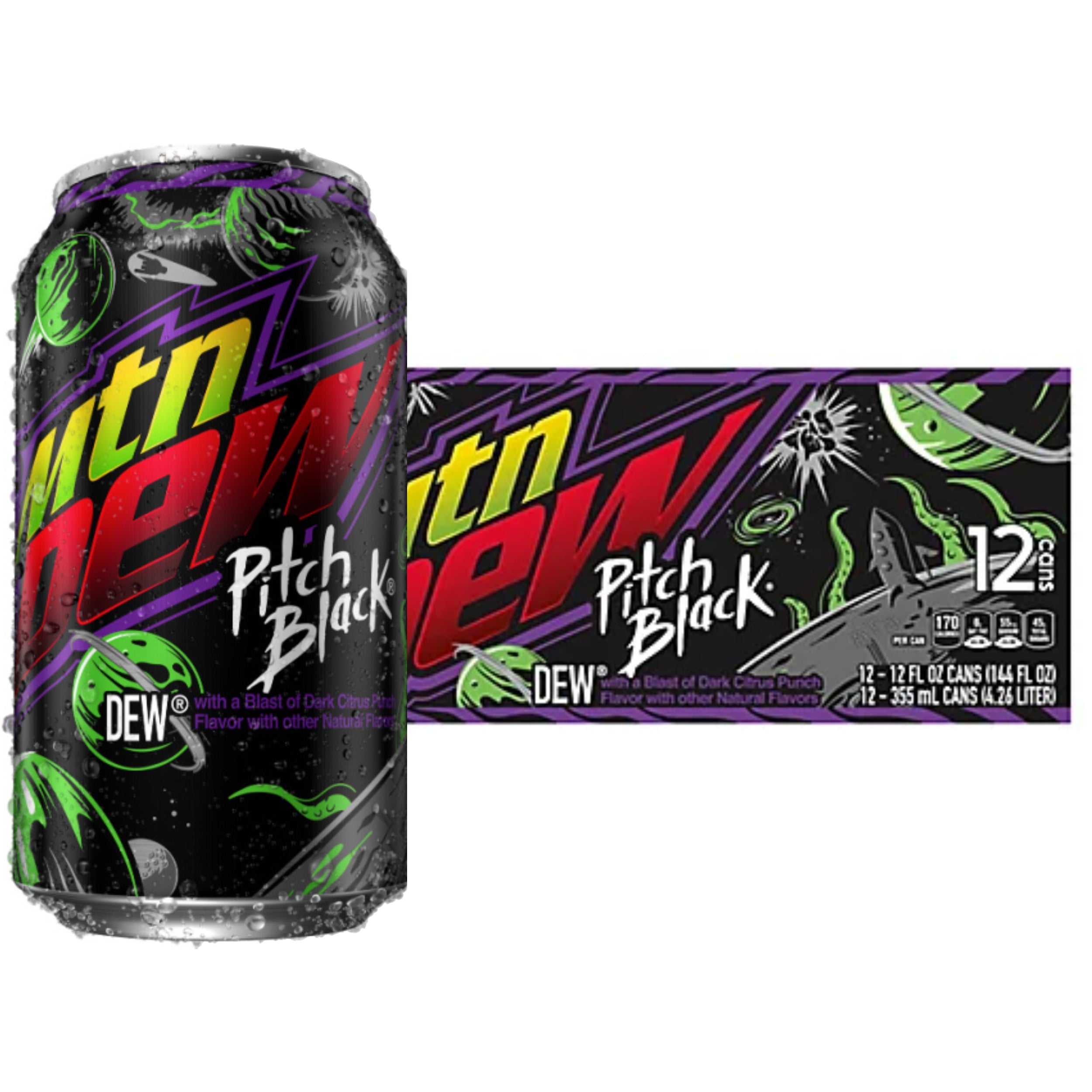 Front of Mountain Dew Pitch Black case showing the bold logo, dark citrus punch design, and 12 pack of 355ml cans.