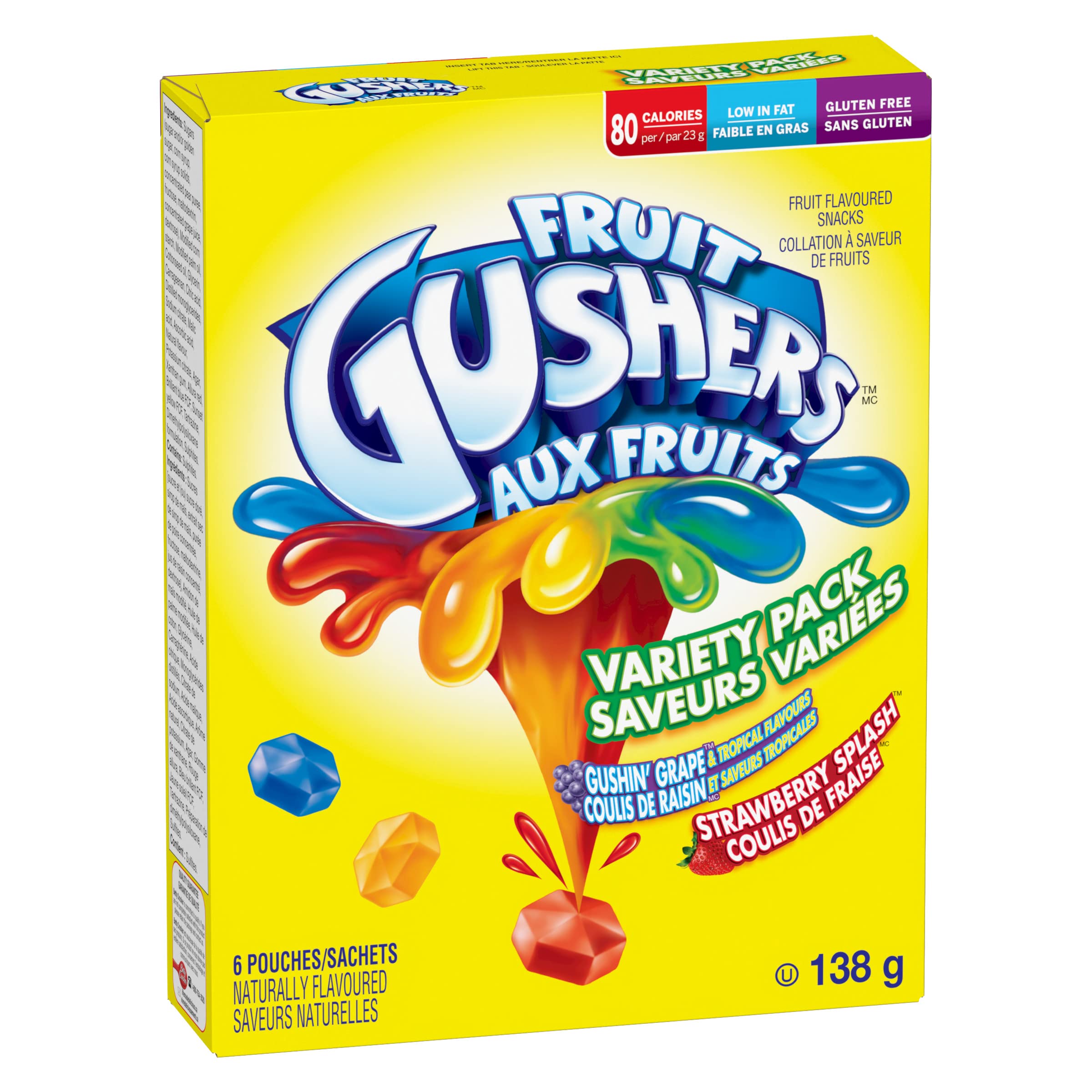 Front of Fruit Gushers Variety Pack showing colourful logo, assorted fruit flavours, and 138g pack size with 6 pouches.