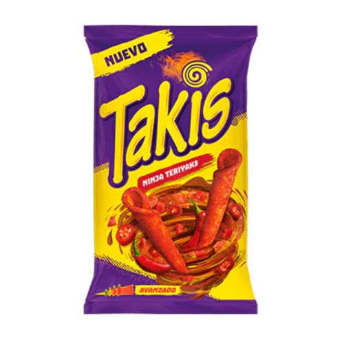 Front of Takis Ninja Teriyaki Rolled Tortilla Corn Chips (90g) bag showing bold logo, teriyaki flavour, and rolled chip image.