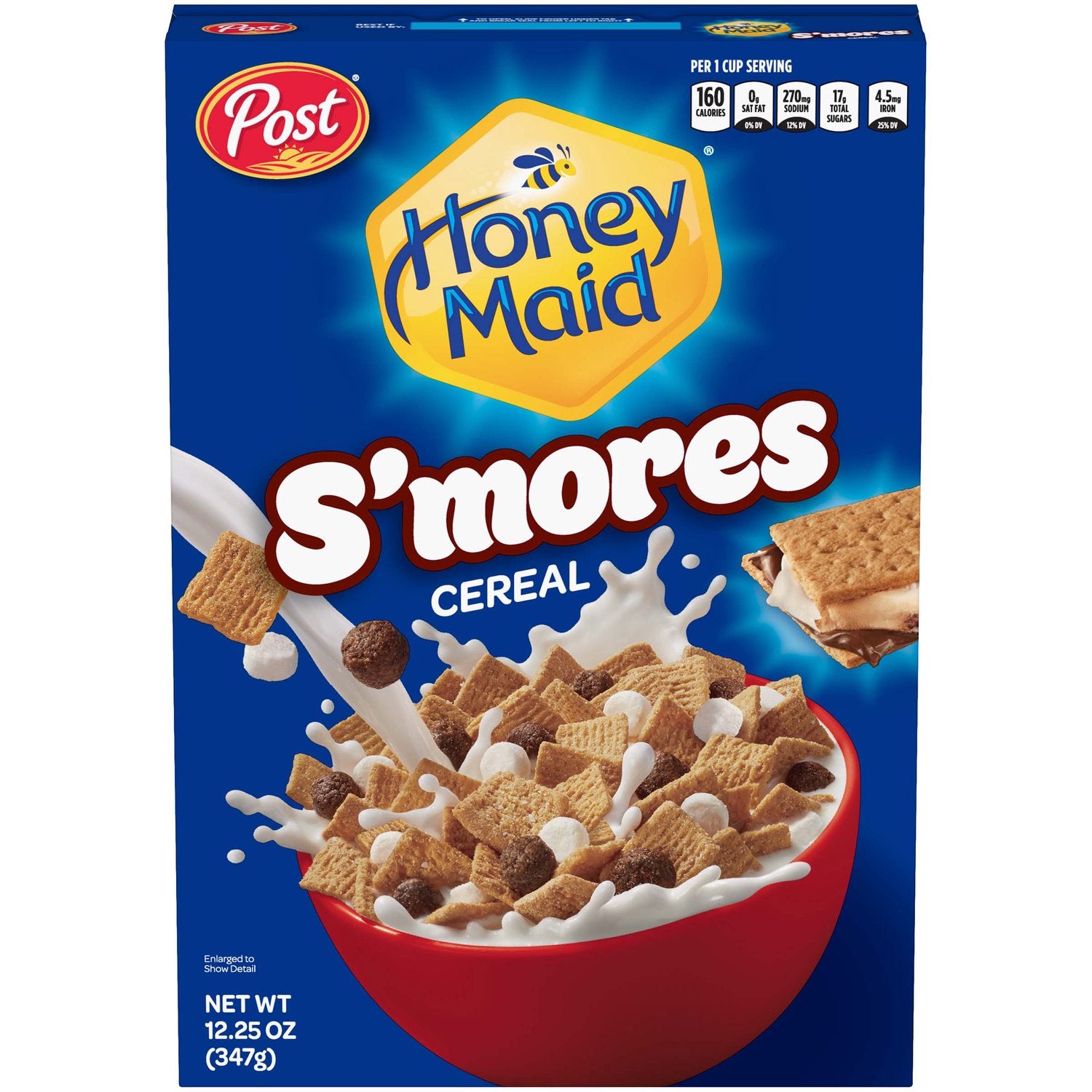 Front of Post Honey Maid S'mores Cereal box showcasing blue background, yellow logo, and a bowl filled with cereal and milk (347g pack)