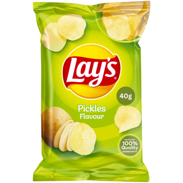 Front of Lay's Pickles bag with red logo, green background, and images of crispy potato chips (40g pack)