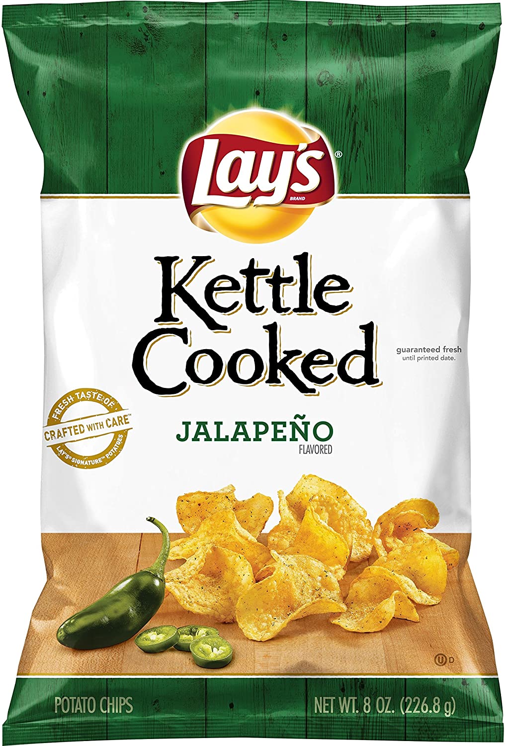 Front of Lay’s Kettle Cooked Jalapeno bag showcasing the brand logo, kettle cooked label, and image of jalapeno-flavoured potato chips (60g pack)