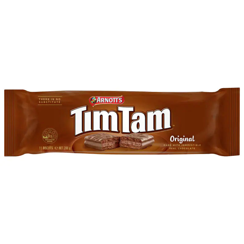 Front of Arnotts Tim Tam Original pack featuring logo, chocolate biscuit imagery, and 200g size label.