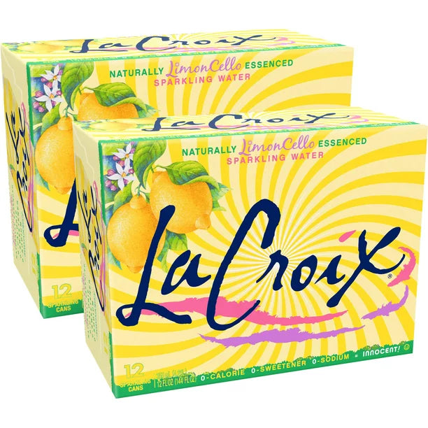 Front of La Croix Limoncello packaging showing logo, bright yellow design, lemon graphics, and 24 pack of sparkling water (355ml x24)
