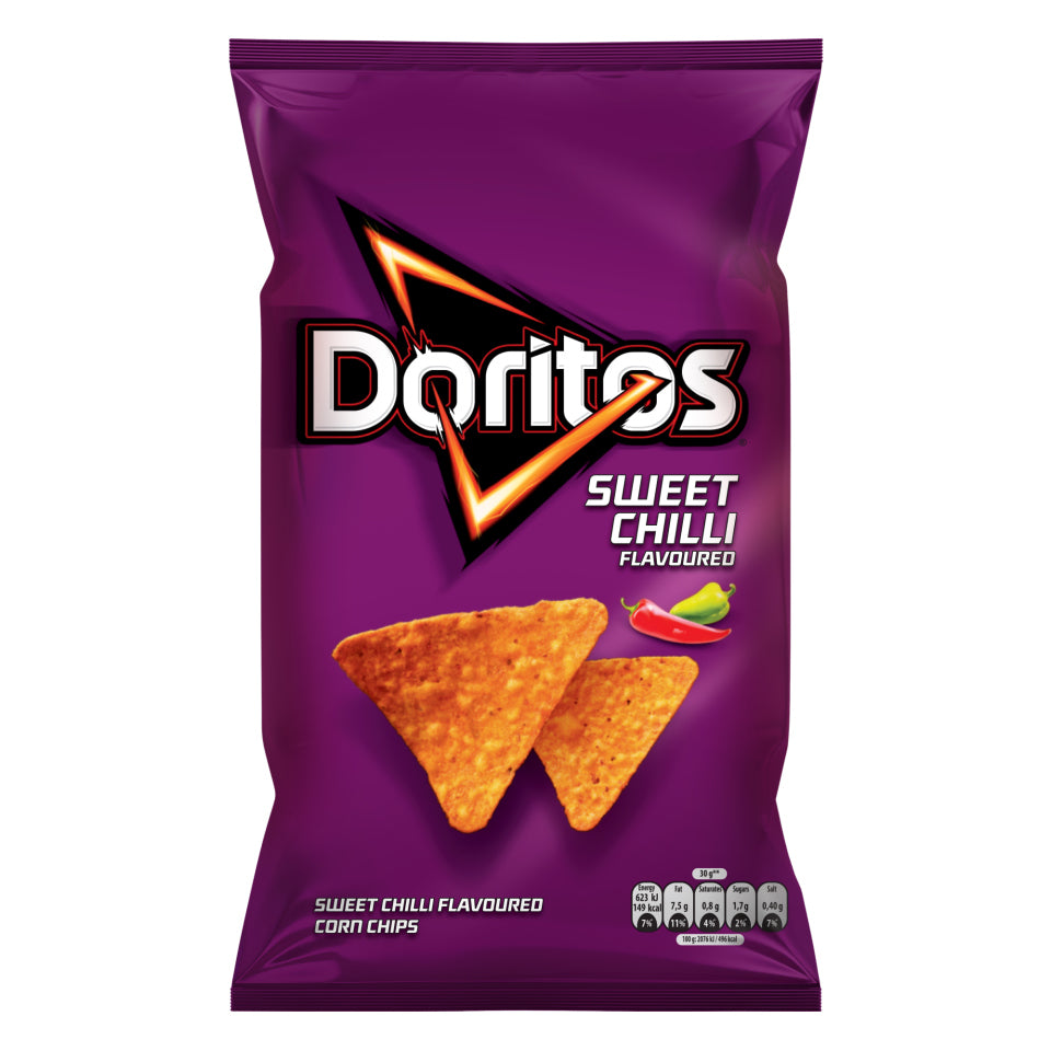 Front of Doritos Sweet Chilli bag showing purple packaging, Doritos logo, and two corn chips (100g pack)