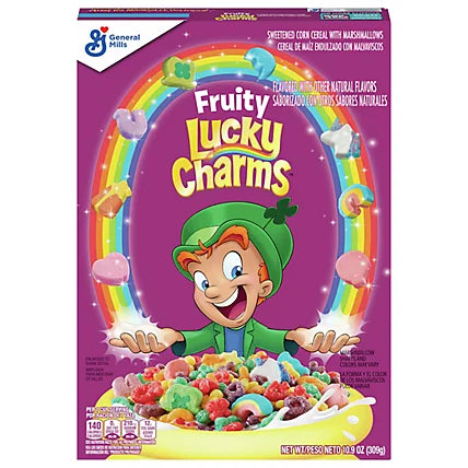 Front of Lucky Charms Fruity box showing the playful logo, colourful cereal with marshmallows, and vibrant rainbow design (309g pack)