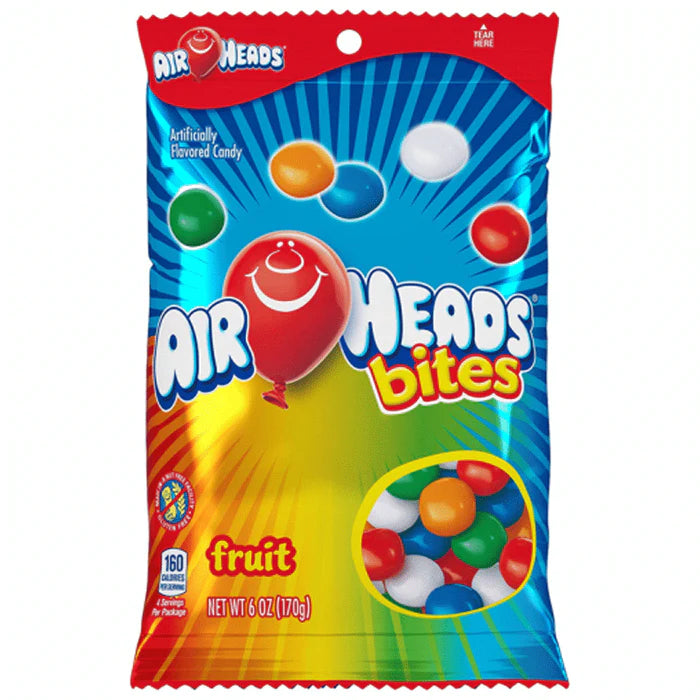Front of Airheads Bites Original Fruit bag showing colourful candies, logo, and details (170g pack)