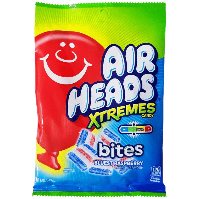 Front of Airheads Xtremes Bites Blue Raspberry bag showing the logo, blue raspberry flavour label, and colourful chewy candy pieces (170g pack)