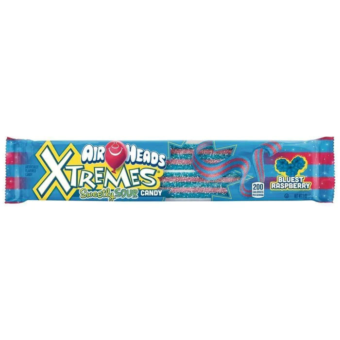 Front of Airheads Xtremes Sweetly Sour Belts Blue Raspberry pack (56g) showing bright blue packaging with tangy flavour details and playful candy design
