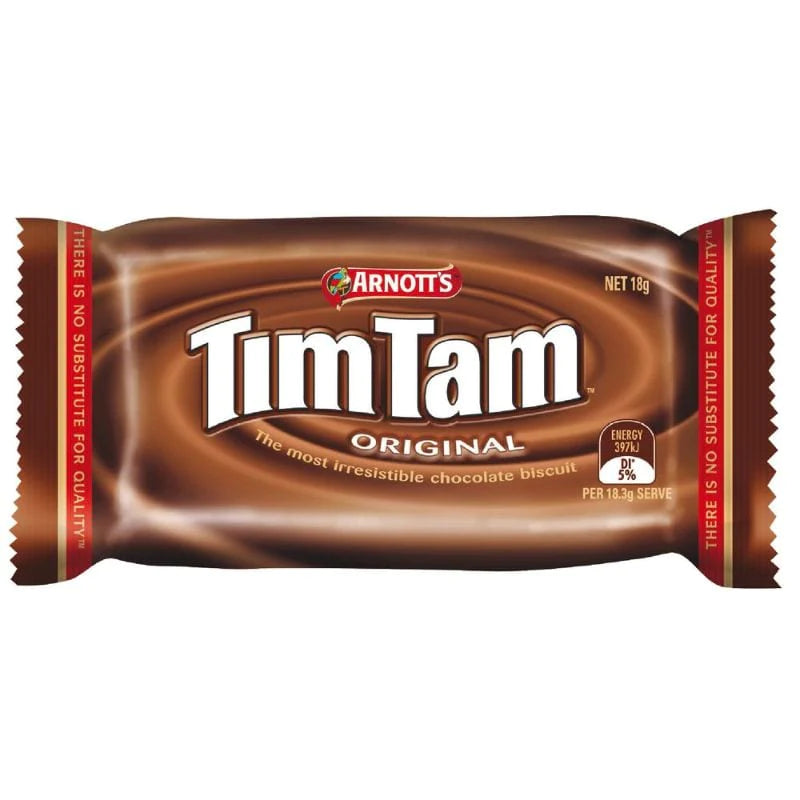 Front of Arnotts Tim Tam Original package showing chocolate biscuit logo and details (18g individually wrapped)