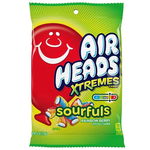 Front of Airheads Xtremes Sourful Rainbow Berry Pencil bag featuring the smiling logo, vibrant colours, and pencil-shaped candy (170g pack)