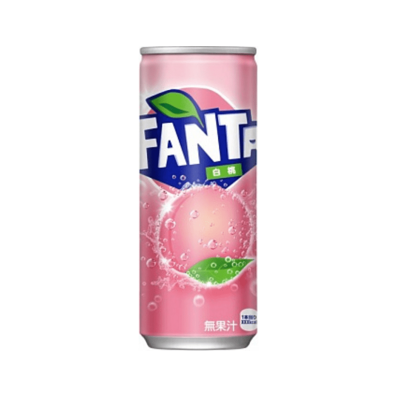 Front of Fanta White Peach can showing vibrant pink design, brand logo, and bubble imagery (250ml)