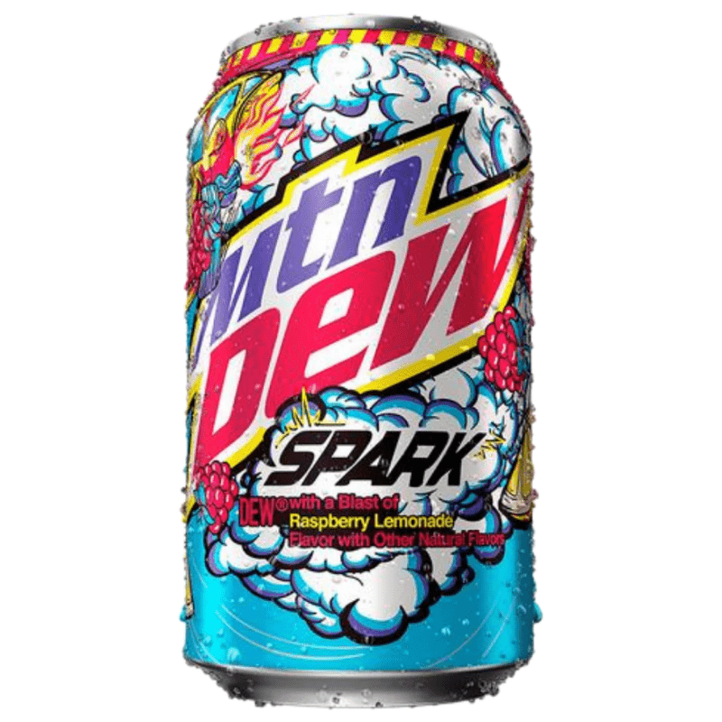 Front of a Mountain Dew Spark can featuring flavour details, vibrant colours, and 355ml size label.