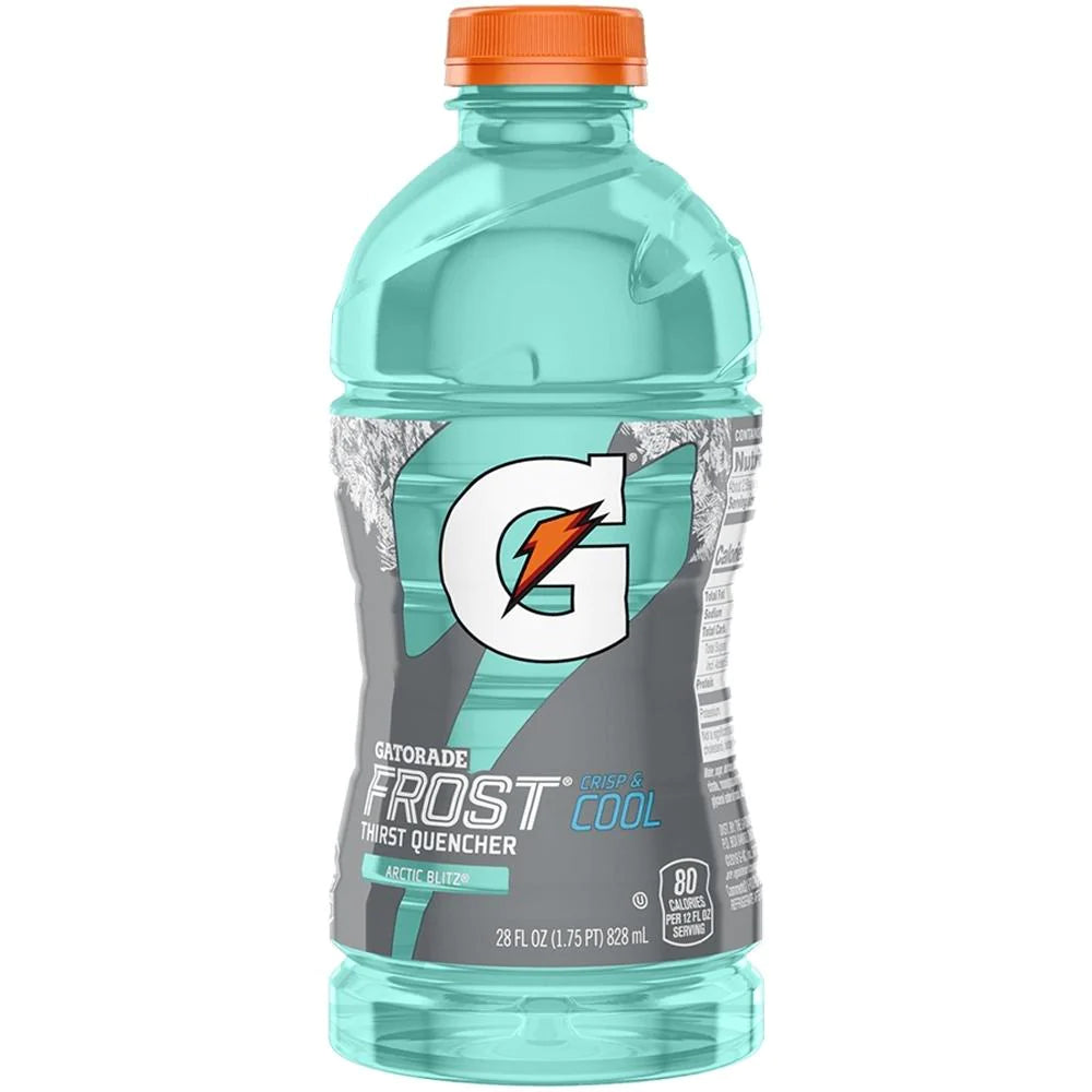 Front of a Gatorade Frost Arctic Blitz bottle showing the logo, crisp and cool flavour details, and pack size (828ml)