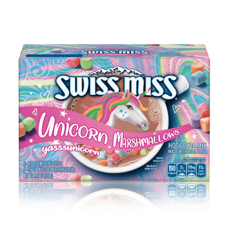 Front of Swiss Miss Cocoa Unicorn Marshmallow box showing colourful branding with unicorns, hot cocoa, and marshmallows (260g pack)