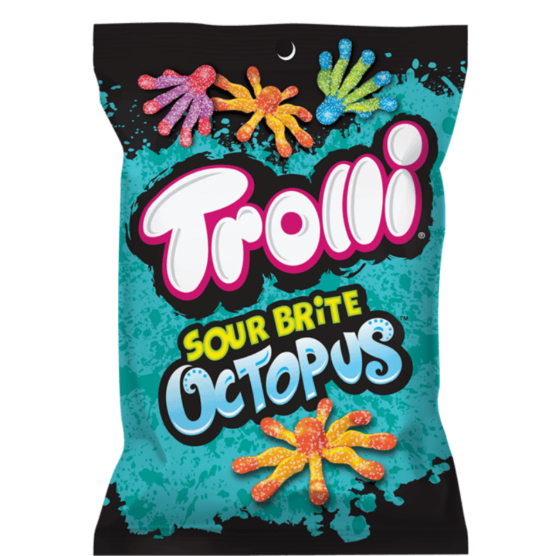 Front of Trolli Sour Brite Octopus bag showcasing colourful octopus-shaped gummies, bold logo, and 120g pack size.