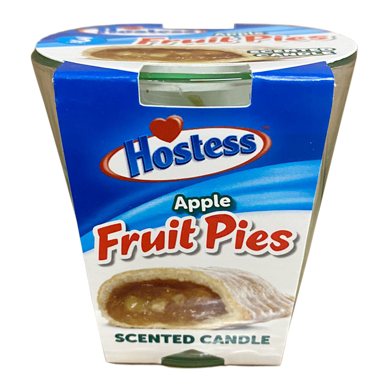 Front of Hostess Apple Fruit Pie Scented Candle showing blue label with apple fruit pie design and product details (90g)