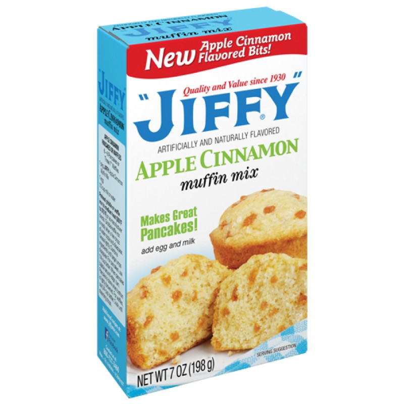 Front of Jiffy Apple & Cinnamon Muffin Mix box featuring brand logo, muffin mix details, and images of muffins (198g pack)