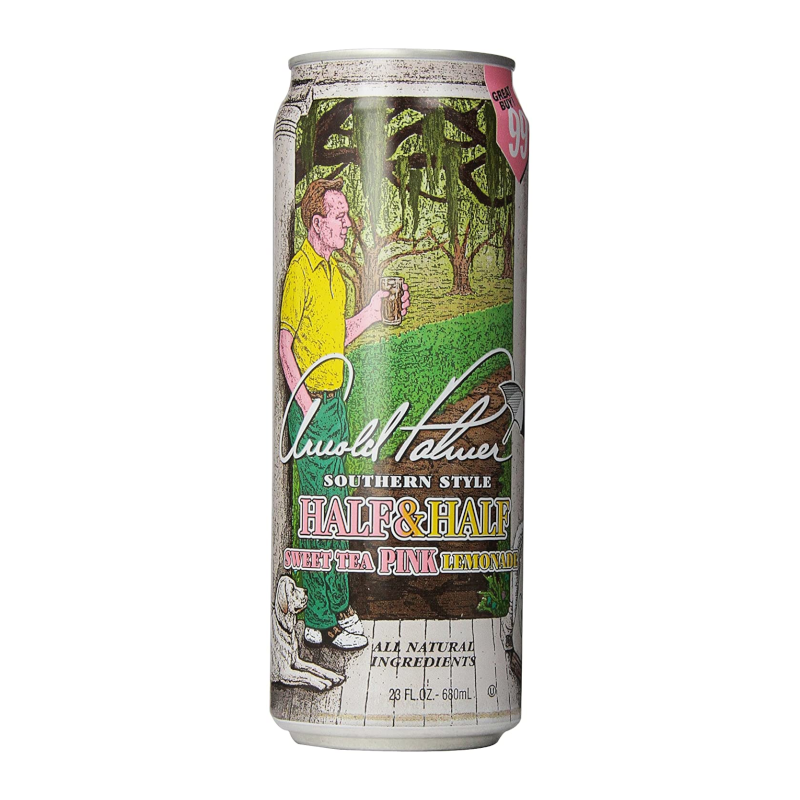 Front of AriZona Arnold Palmer Half & Half Sweet Tea Pink Lemonade can showing vibrant artwork, the brand logo, and details of the 650ml pack size.