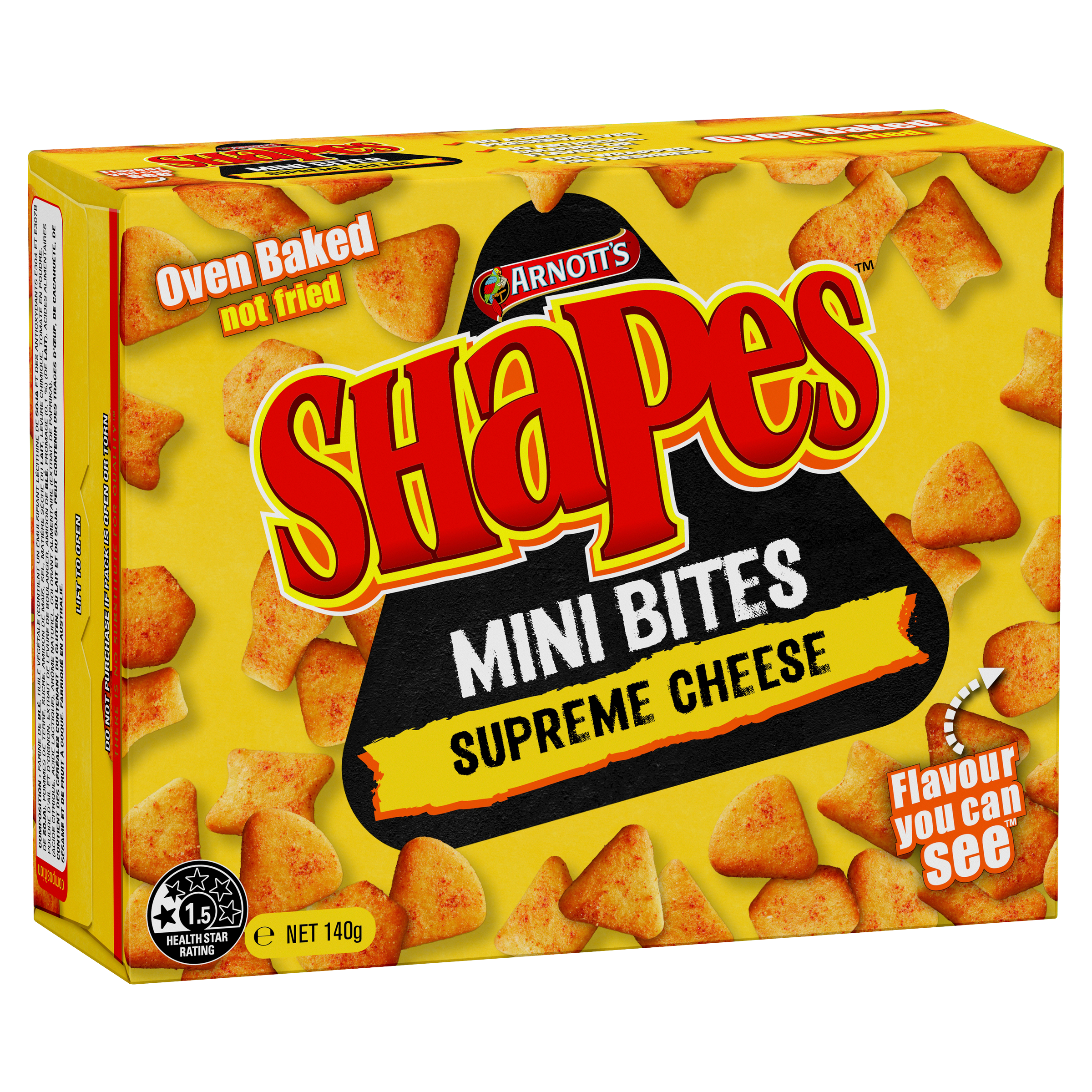 Front of Arnott’s Shapes Mini Bites Supreme Cheese box showing bright yellow packaging with the Shapes logo and a playful design featuring cheese-flavoured snack shapes (140g pack)