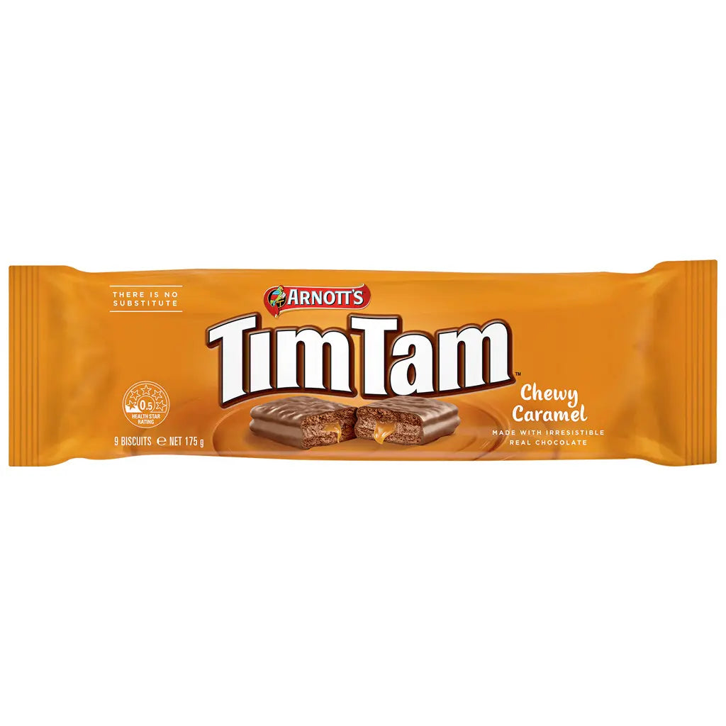 Front of Arnotts Tim Tam Chewy Caramel packaging featuring logo, chewy caramel flavour label, and image of the biscuits (175g pack)